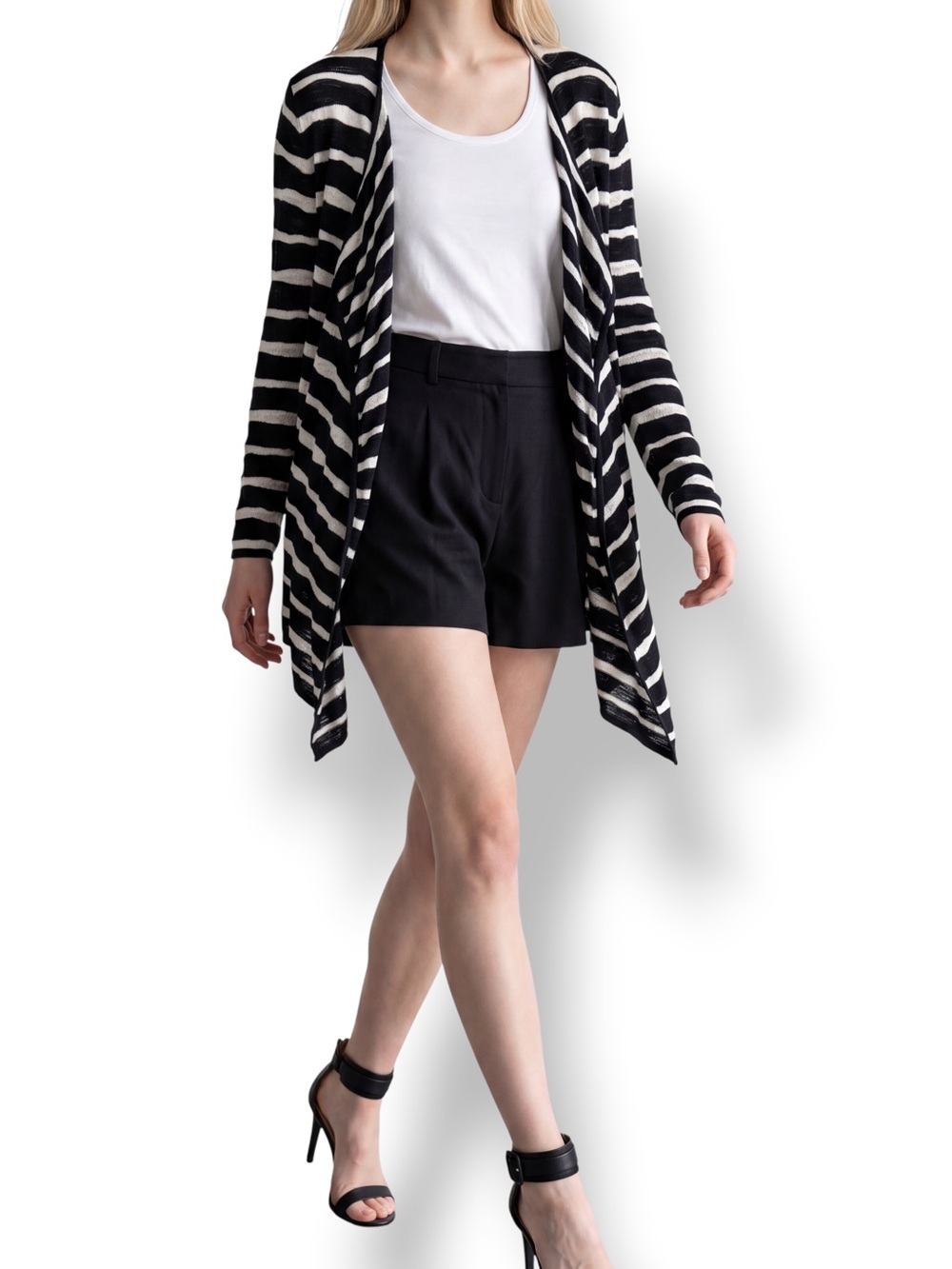 4/$20 Cable & Gauge Black White Striped Draped Open Front Cardigan